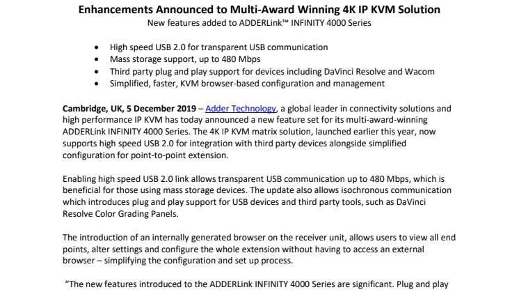 Enhancements Announced to Multi-Award Winning 4K IP KVM Solution