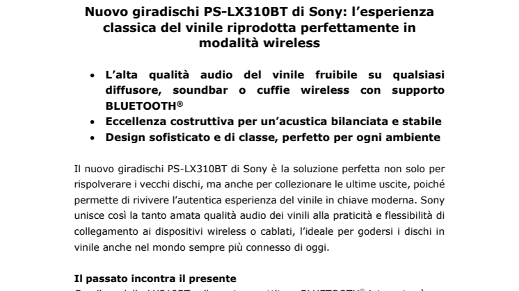 Nuovo giradischi PS-LX310BT di Sony: l’esperienza classica del vinile riprodotta perfettamente in modalità wireless