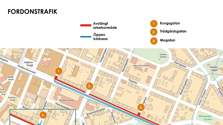 Karta över avstängt område och hur fordonstrafik kan åka längst Rudbecksgatan.