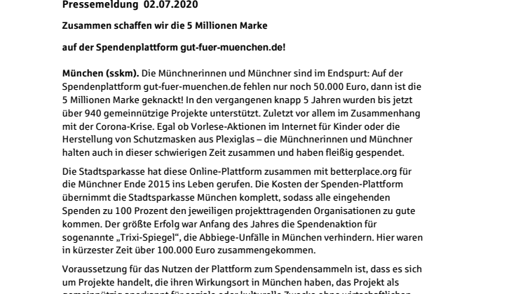 Zusammen schaffen wir die 5 Millionen Marke auf der Spendenplattform gut-fuer-muenchen.de!