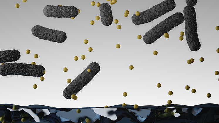 Traditionell antibiotika inkapslad i nanogeler och hydrogeler som effektivt dödar bakterier.  Illustration: Mads Lüchow.