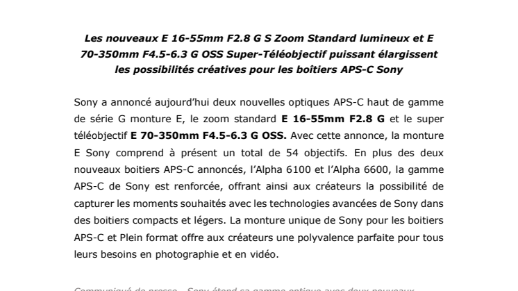 Sony étend sa gamme optique avec deux nouveaux modèles APS-C™ 