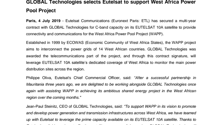 GLOBAL Technologies selects Eutelsat to support West Africa Power Pool project 
