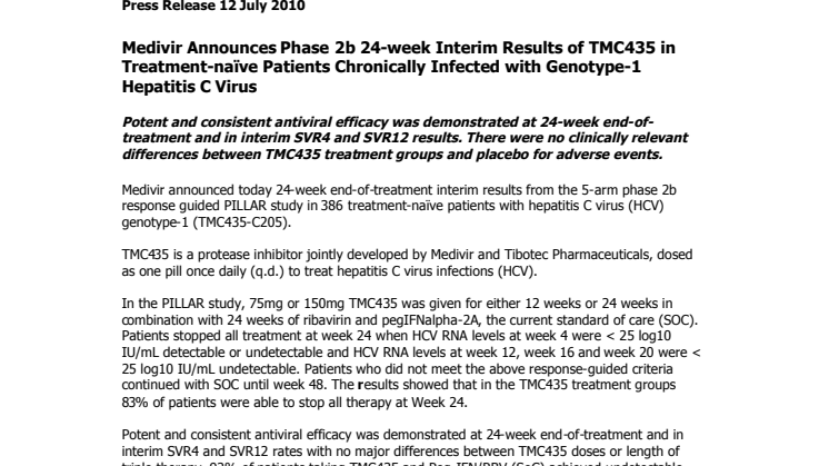 Medivir Announces Phase 2b 24-week Interim Results of TMC435 in Treatment-naïve Patients Chronically Infected with Genotype-1 Hepatitis C Virus
