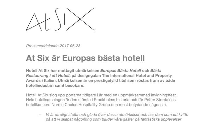 At Six är Europas Bästa Hotell