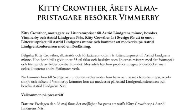 Kitty Crowther, årets Alma-pristagare besöker Vimmerby