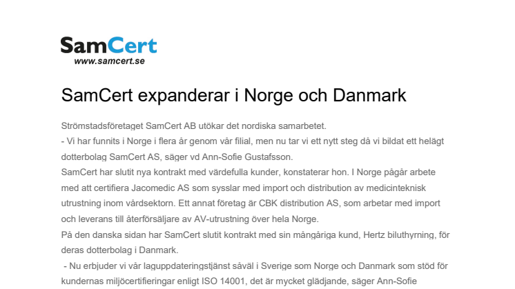 SamCert expanderar i Norge och Danmark