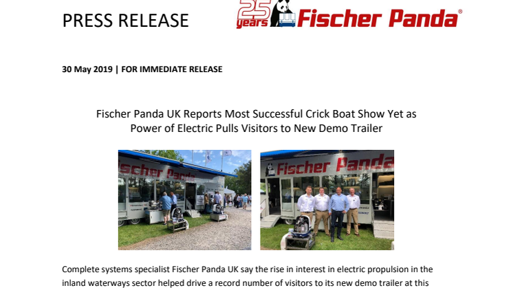 Fischer Panda UK Reports Most Successful Crick Boat Show Yet as Power of Electric Pulls Visitors to New Demo Trailer