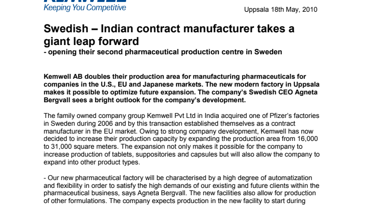 Swedish – Indian contract manufacturer takes a giant leap forward - opening their second pharmaceutical production centre in Sweden 