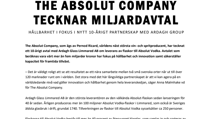 The Absolut Company tecknar miljardavtal – hållbarhet i fokus i nytt 10-årigt partnerskap med Ardagh Group