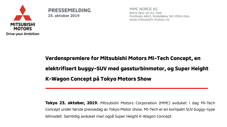 Verdenspremiere for Mitsubishi Motors Mi-Tech Concept, en elektrifisert buggy-SUV med gassturbinmotor, og Super Height K-Wagon Concept på Tokyo Motors Show