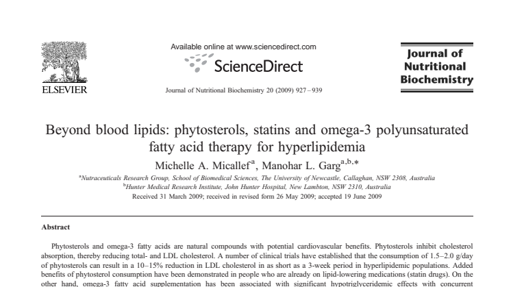 Studie om bl a växtsteroler publicerad i Journal of Nutritional Biochemistry, 2009