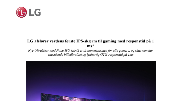 LG afslører verdens første IPS-skærm til gaming med responstid på 1 ms* 