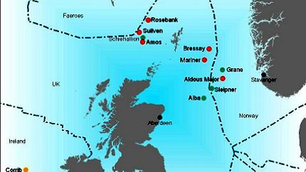 Kart over nordlige Nordsjøen som angir blant annet Mariner-feltet.