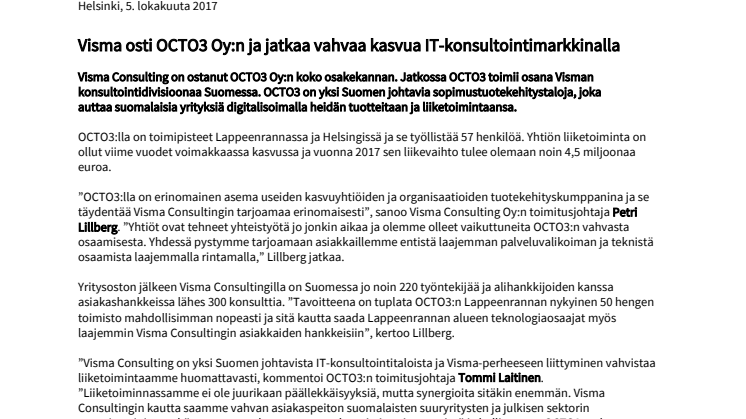 Visma osti OCTO3 Oy:n ja jatkaa vahvaa kasvua IT-konsultointimarkkinalla
