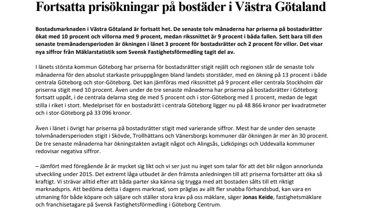 Fortsatta prisökningar på bostäder i Västra Götaland