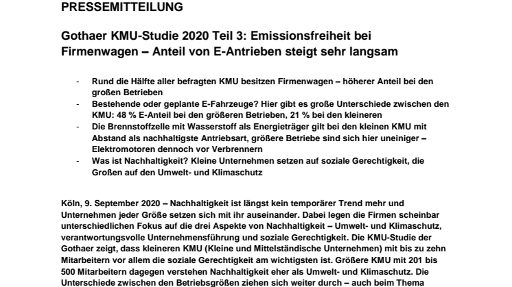Gothaer KMU-Studie 2020 Teil 3: Emissionsfreiheit bei Firmenwagen – Anteil von E-Antrieben steigt sehr langsam