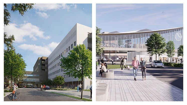 Två projekt i Västerås är nykomlingar på listan över Sveriges hetaste byggprojekt, enligt Byggfaktas kunder. Bilder: Västerås sjukhus: Region Västmanland/LINK arkitektur/Carlstetds Arkitekter/TMRW . Resecentrum: BIG 
