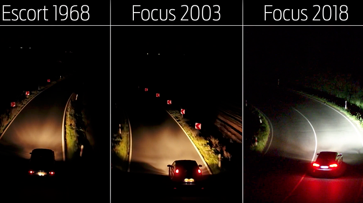 Rask utvikling: Mye har skjedd på lysfronten de siste 50 årene. Nå tar nye Ford Focus enda et steg og tilbyr et nytt kamerabasert prediktivt kurvelyssystem. 