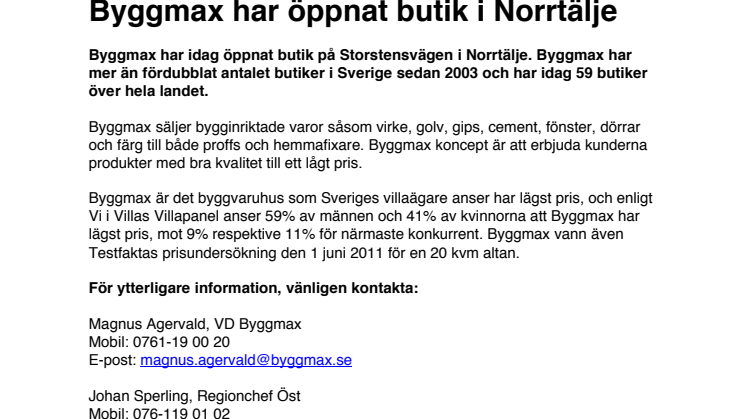 Byggmax har öppnat butik i Norrtälje