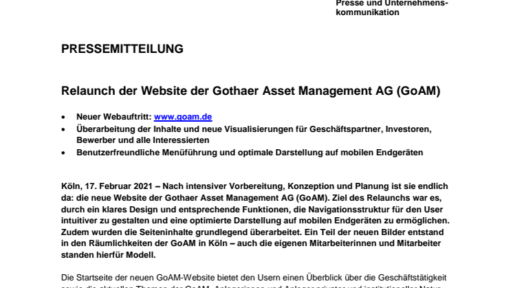 Relaunch der Website der Gothaer Asset Management AG (GoAM)