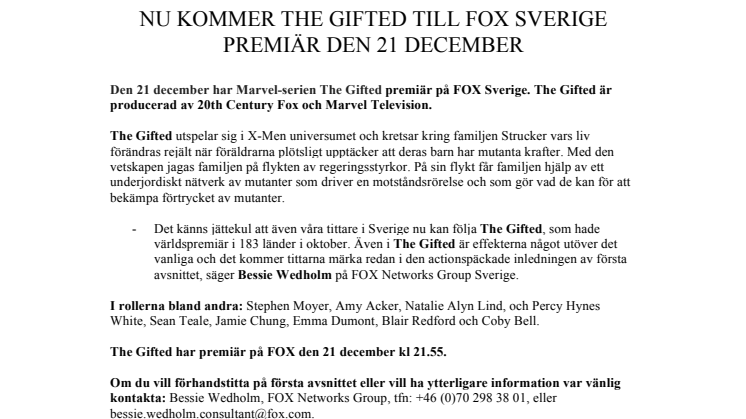 Nu kommer The Gifted till FOX Sverige - Premiär den 21 december 