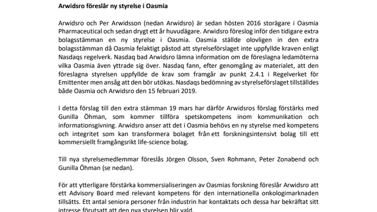 Arwidsro föreslår ny styrelse i Oasmia