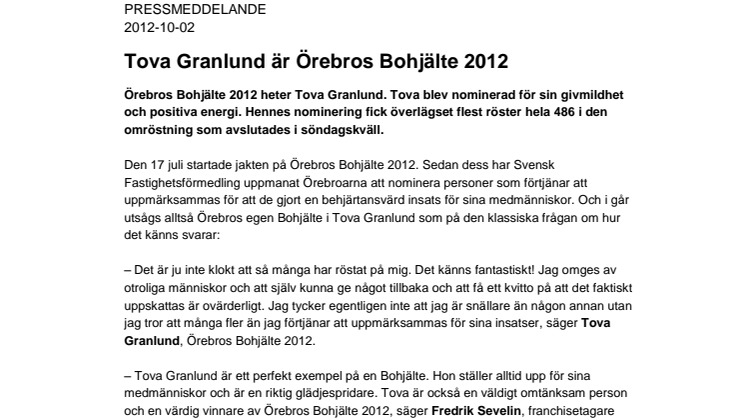 Tova Granlund är Örebros Bohjälte 2012  
