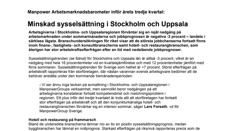Minskad sysselsättning i Stockholm och Uppsala