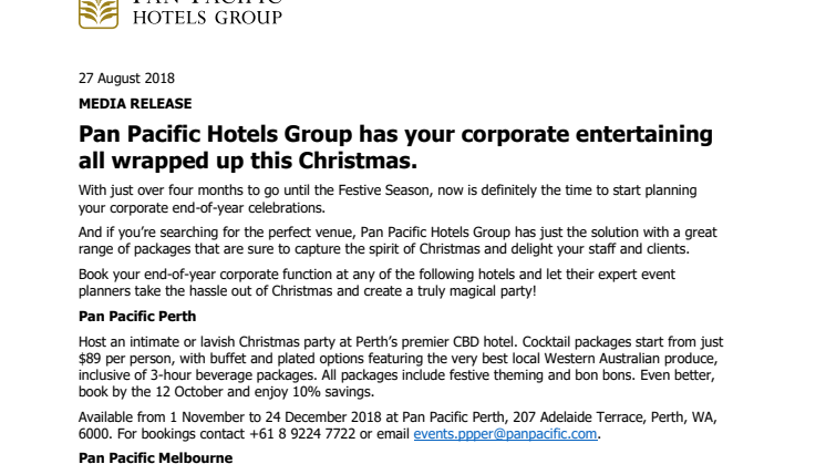 Pan Pacific Hotels Group has your corporate entertaining all wrapped up this Christmas