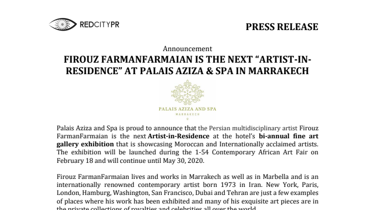 FIROUZ FARMANFARMAIAN IS THE NEXT “ARTIST-IN-RESIDENCE” AT PALAIS AZIZA AND SPA IN MARRAKECH
