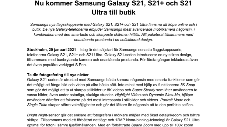 Nu kommer Samsung Galaxy S21, S21+ och S21 Ultra till butik