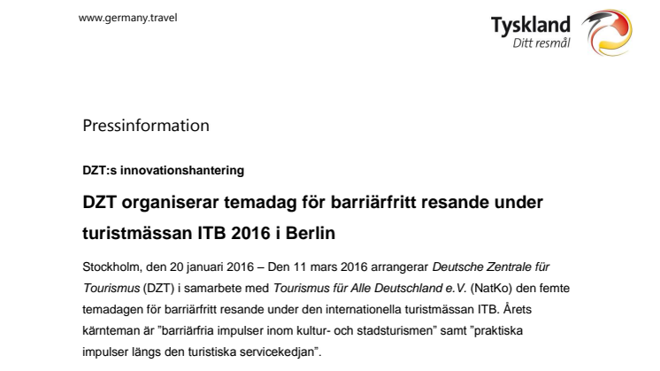 DZT organiserar temadag för barriärfritt resande under turistmässan ITB 2016 i Berlin