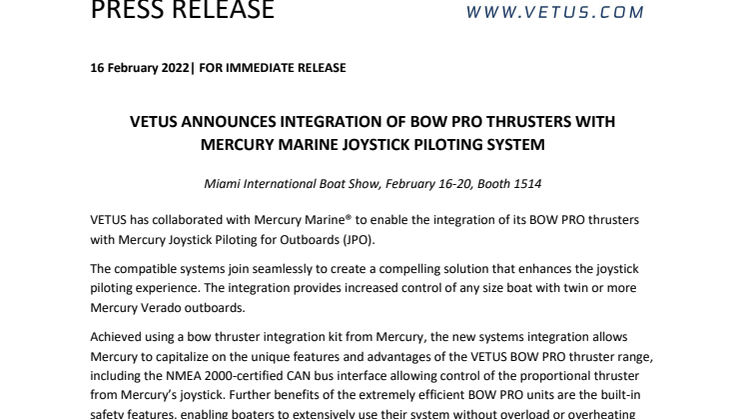 Feb 16 2022_Miami - VETUS Announces Integration of BOW PRO Thrusters with Mercury JPO.pdf