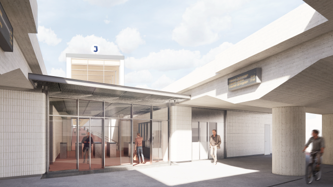 2025 står en ny sydlig entré till Häggviks station klar. Illustration från Trafikverkets arbetsmaterial på hur entrén planeras se ut, mellan befintliga spår. Arkitekt Gottlieb Paludan Architects.