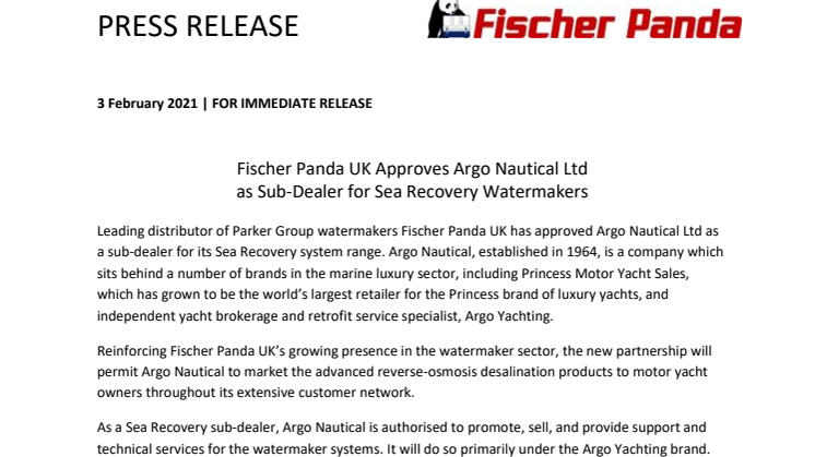 Fischer Panda UK Approves Argo Nautical Ltd as Sub-Dealer for Sea Recovery Watermakers