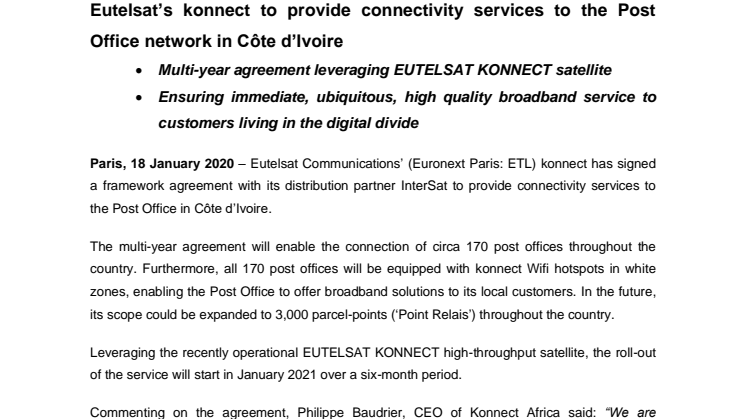 Eutelsat’s konnect to provide connectivity services to the Post Office network in Côte d’Ivoire