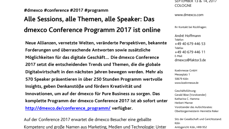 Alle Sessions, alle Themen, alle Speaker: Das dmexco Conference Programm 2017 ist online