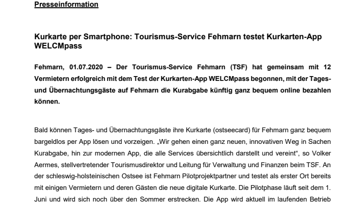 Kurkarte per Smartphone: Tourismus-Service Fehmarn testet Kurkarten-App WELCMpass
