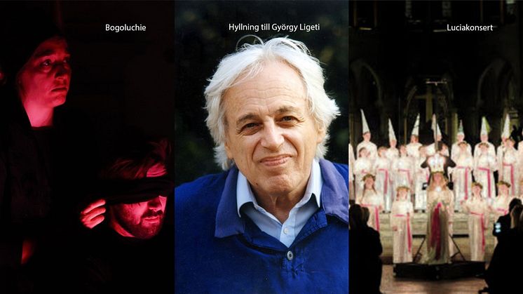 Vänster: Föreställningsbild Bogoluchie, Mitten: Föreställningsbild Hyllning till György Ligeti, Höger: Föreställningsbild Luciakonsert