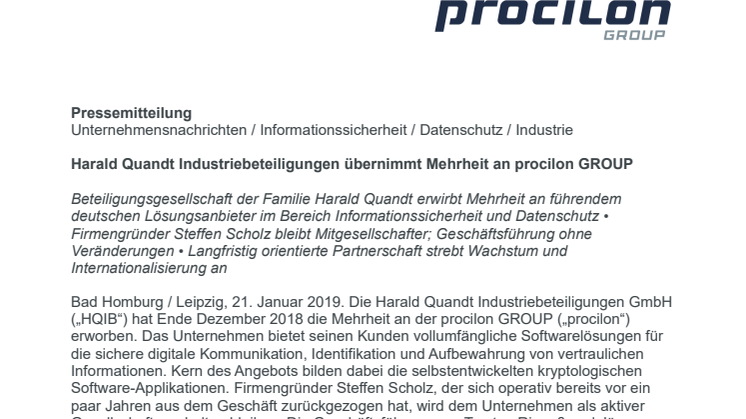 Harald Quandt Industriebeteiligungen übernimmt Mehrheit an procilon GROUP