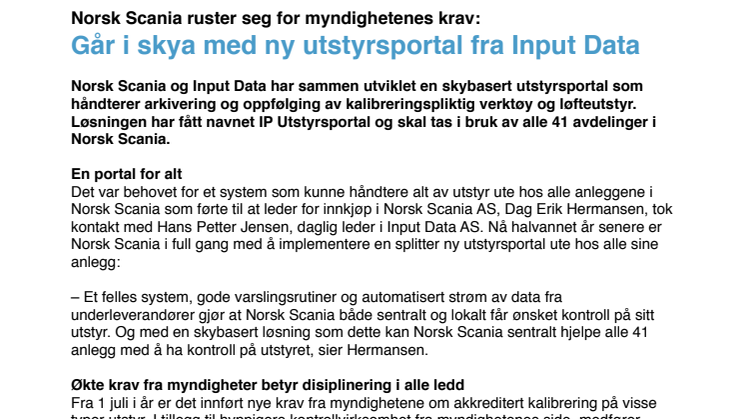Norsk Scania ruster seg for myndighetenes krav:  Går i skya med ny utstyrsportal fra Input Data