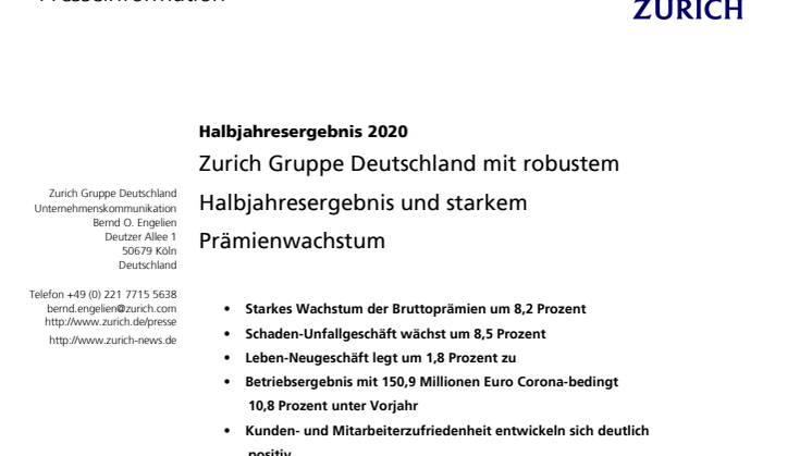 Zurich Gruppe Deutschland mit robustem Halbjahresergebnis und starkem Prämienwachstum