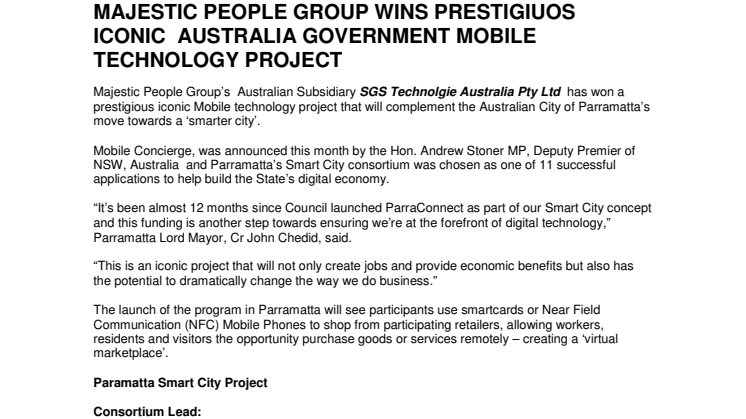 MAJESTIC PEOPLE GROUP WINS PRESTIGIUOS ICONIC  AUSTRALIA GOVERNMENT MOBILE TECHNOLOGY PROJECT