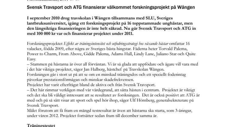 Svensk Travsport och ATG finansierar välkommet forskningsprojekt på Wången