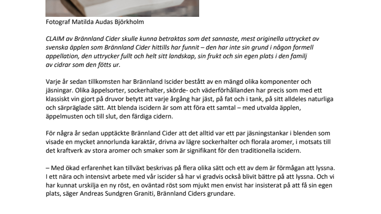 Claim av Brännland Cider, en ny generation iscider