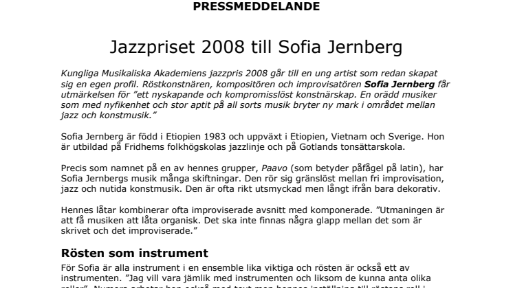 Jazzpriset 2008 till Sofia Jernberg