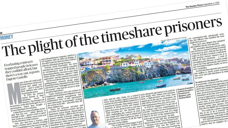 Sunday times article about ECC's battle to protect timeshare victims.  September 3rd 2023