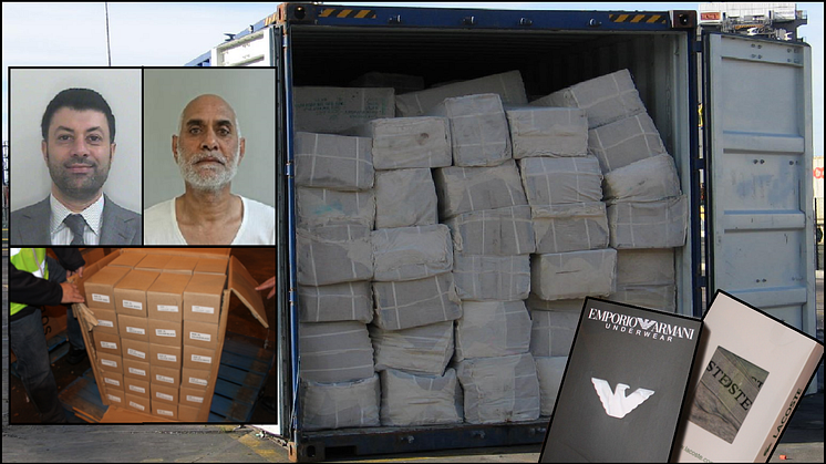 L-R Arif Patel & Mohamed Jaffar Ali, plus images of a seized shipping container, boxes containing counterfeit items & close-up images of the goods