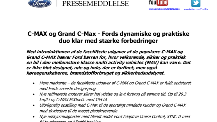 C-MAX og Grand C-Max - Fords dynamiske og praktiske duo klar med stærke forbedringer  